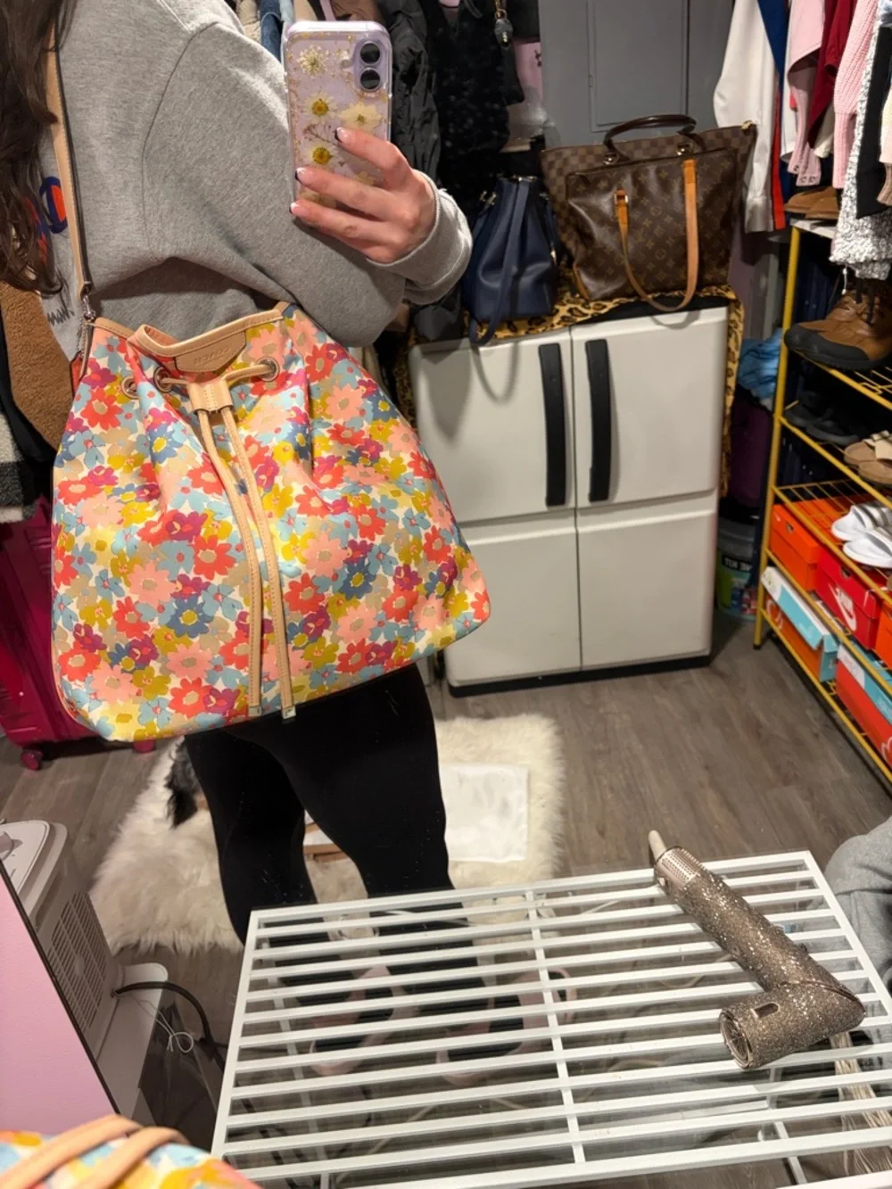 Coach Floral Drawstring Bucket Bag - Pink, Red, Blue, Yellow, Cream - Picture 12 of 15